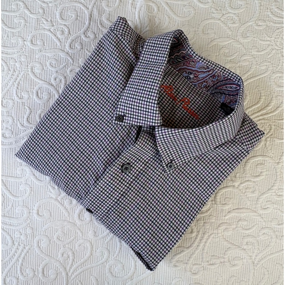 Alan Flusser Men XL Blk White Purple Check Cotton Long Sleeve long sleeve Shirt